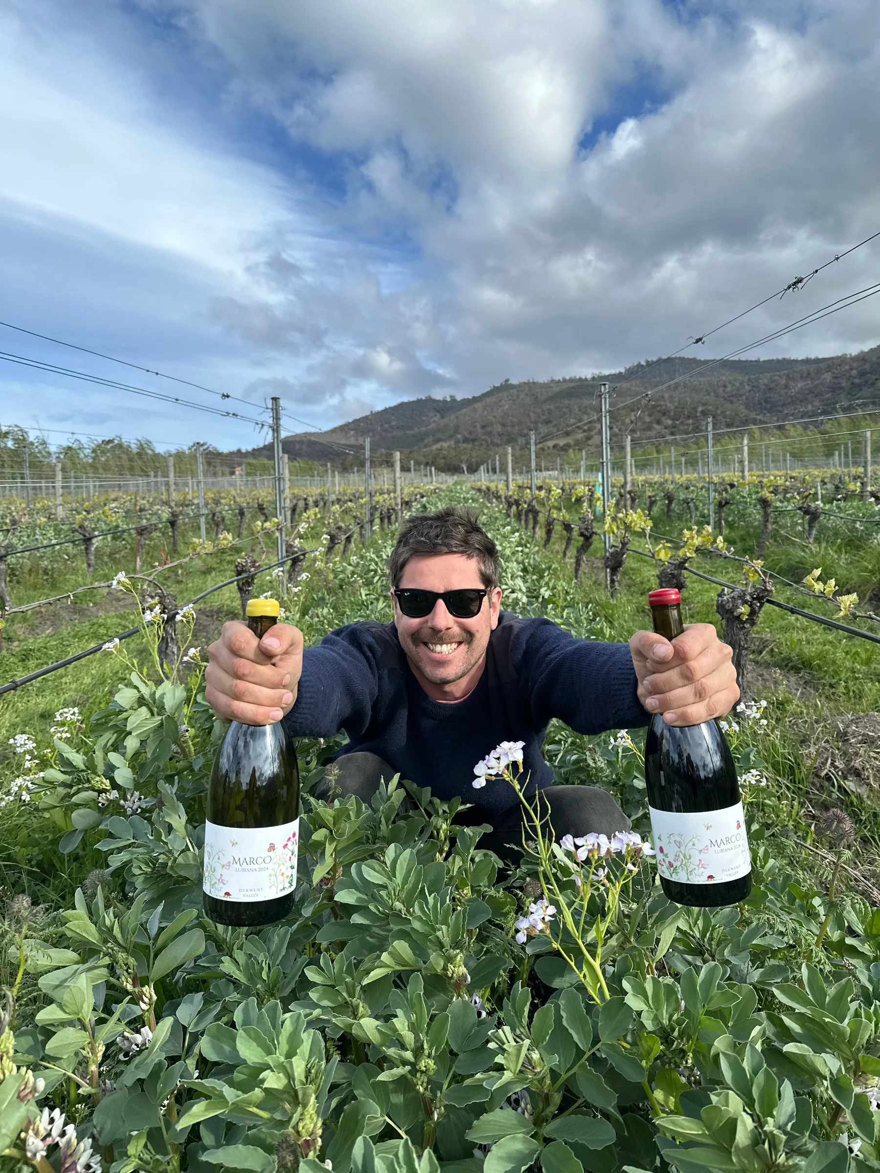 Marco with wine bottles in growing vines